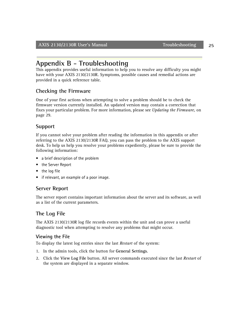 Appendix b - troubleshooting | axis international marketing 2130R PTZ User Manual | Page 25 / 41
