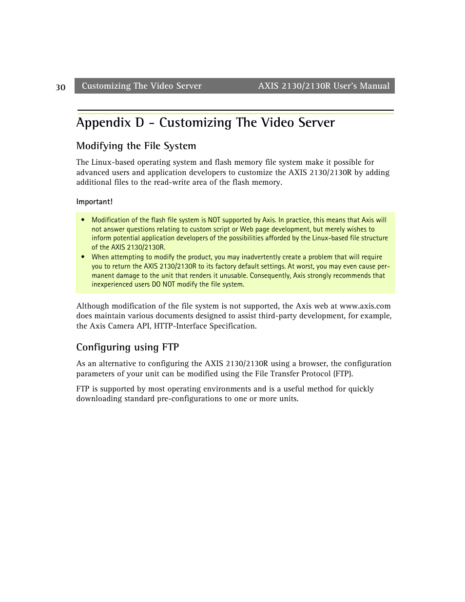 Appendix d - customizing the video server, Modifying the file system, Configuring using ftp | axis international marketing 2130R PTZ User Manual | Page 30 / 41