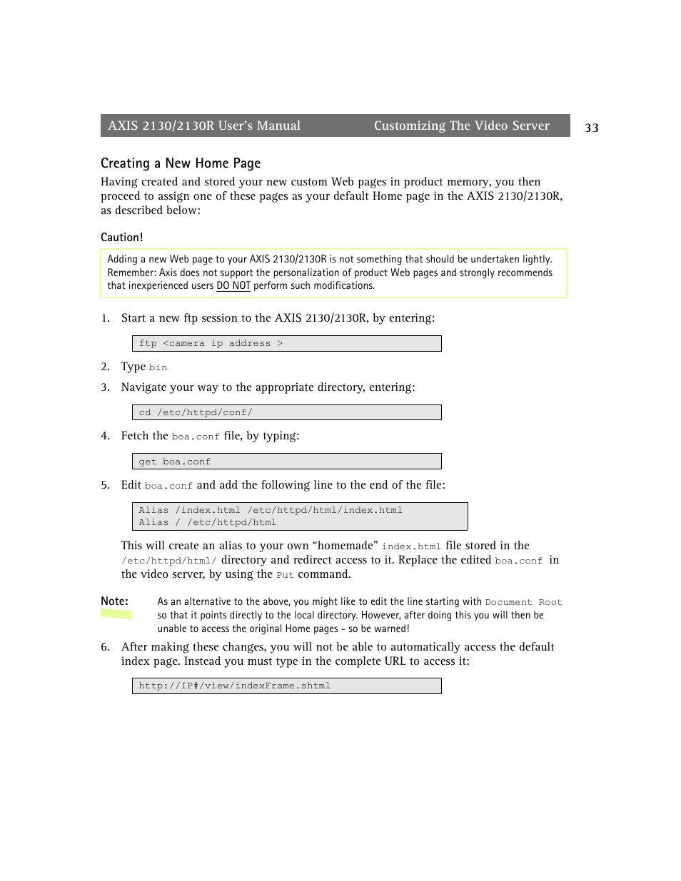 Creating a new home page | axis international marketing 2130R PTZ User Manual | Page 33 / 41