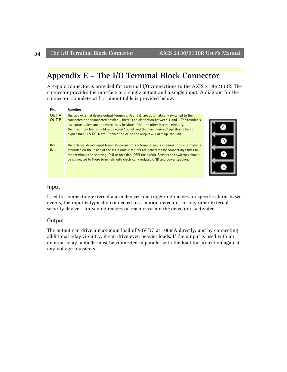 Appendix e - the i/o terminal block connector | axis international marketing 2130R PTZ User Manual | Page 34 / 41