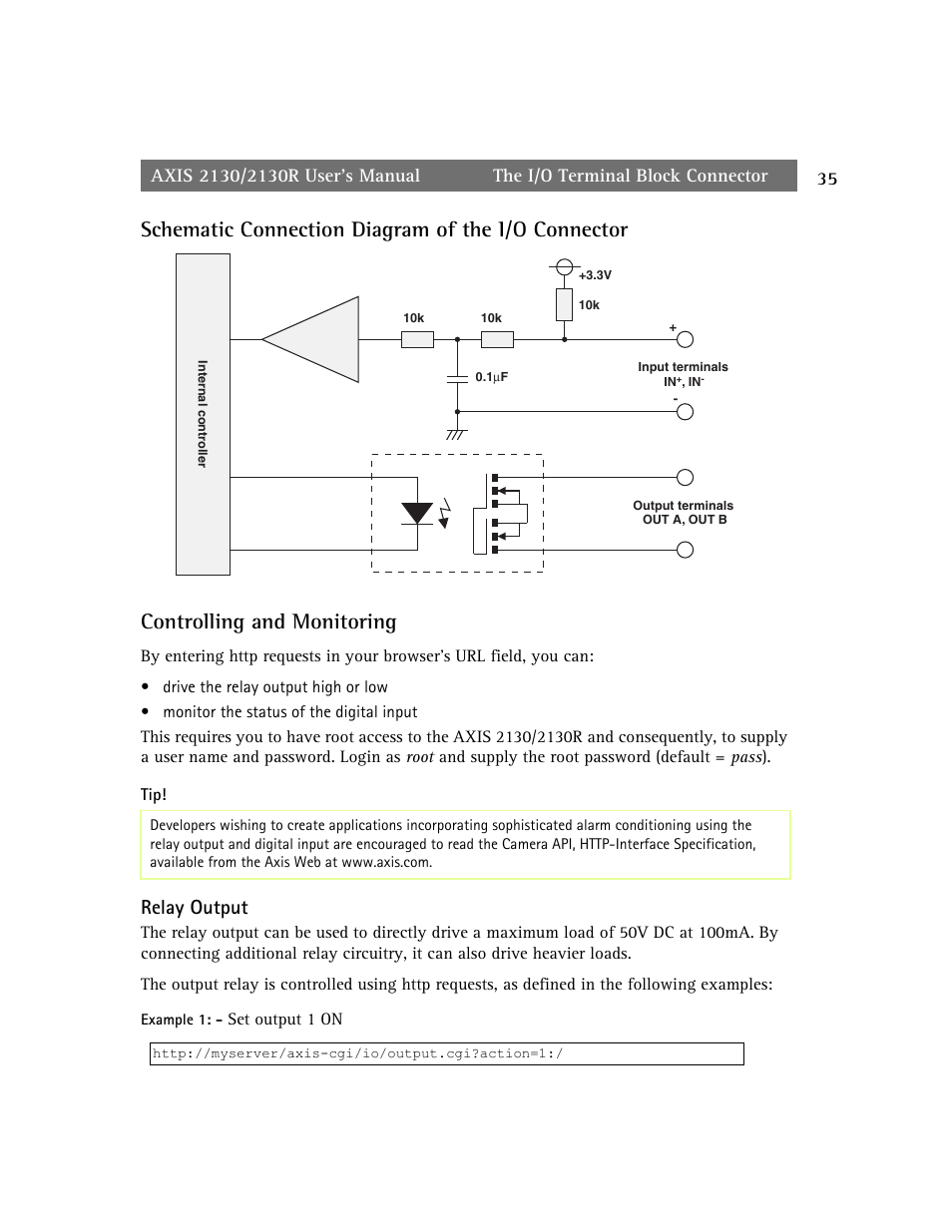 Schematic connection diagram of the i/o connector, Controlling and monitoring, Relay output | axis international marketing 2130R PTZ User Manual | Page 35 / 41