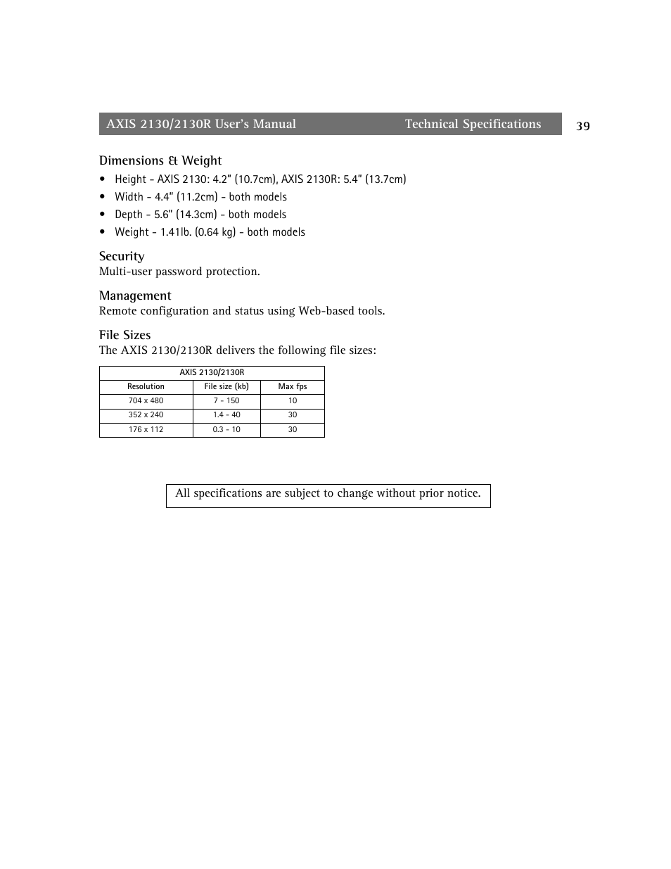 axis international marketing 2130R PTZ User Manual | Page 39 / 41