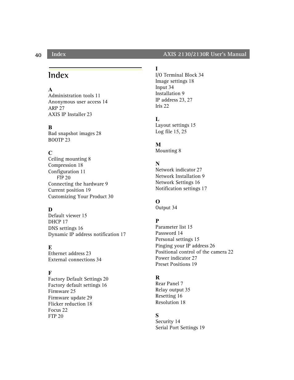 Index | axis international marketing 2130R PTZ User Manual | Page 40 / 41
