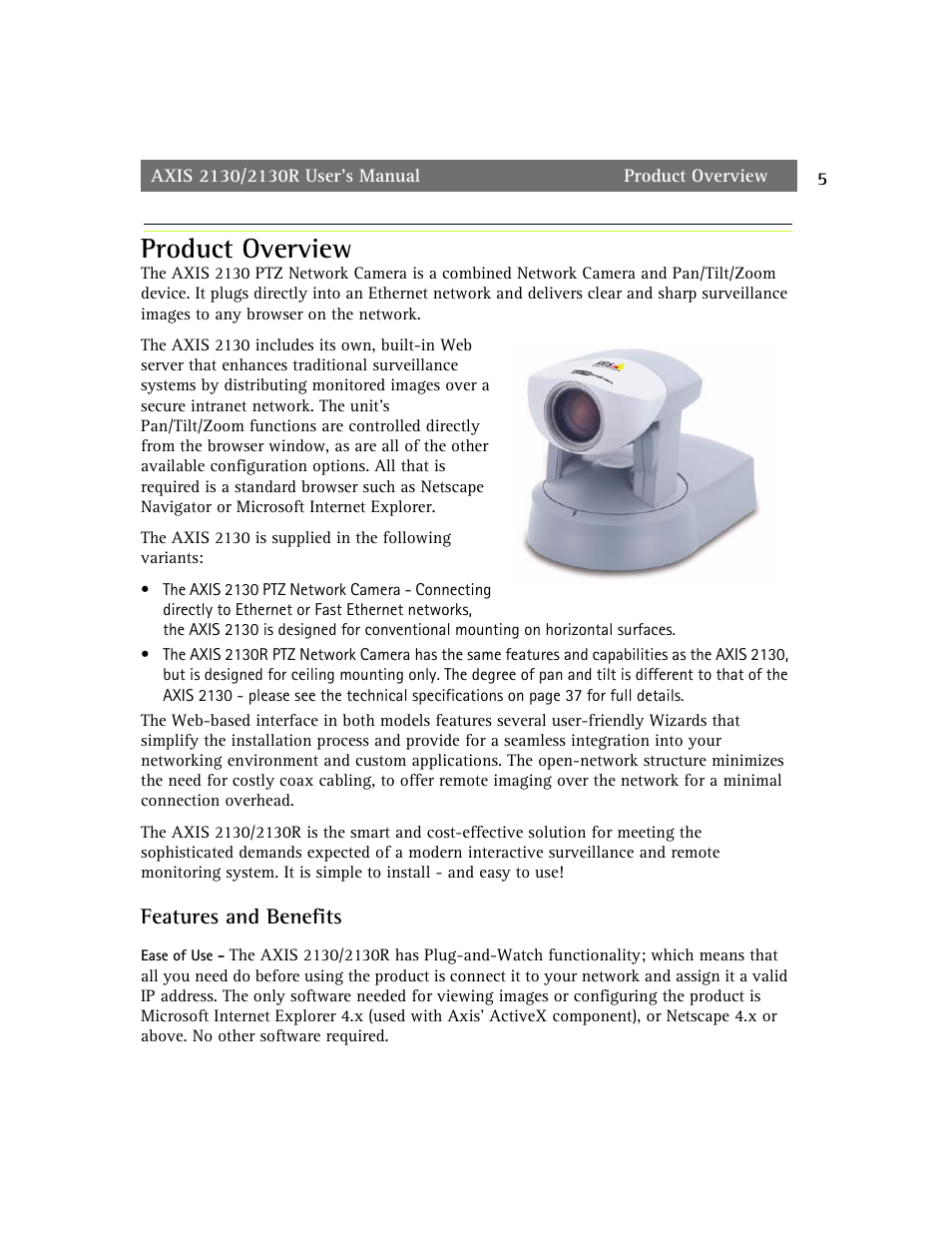 Product overview, Features and benefits | axis international marketing 2130R PTZ User Manual | Page 5 / 41