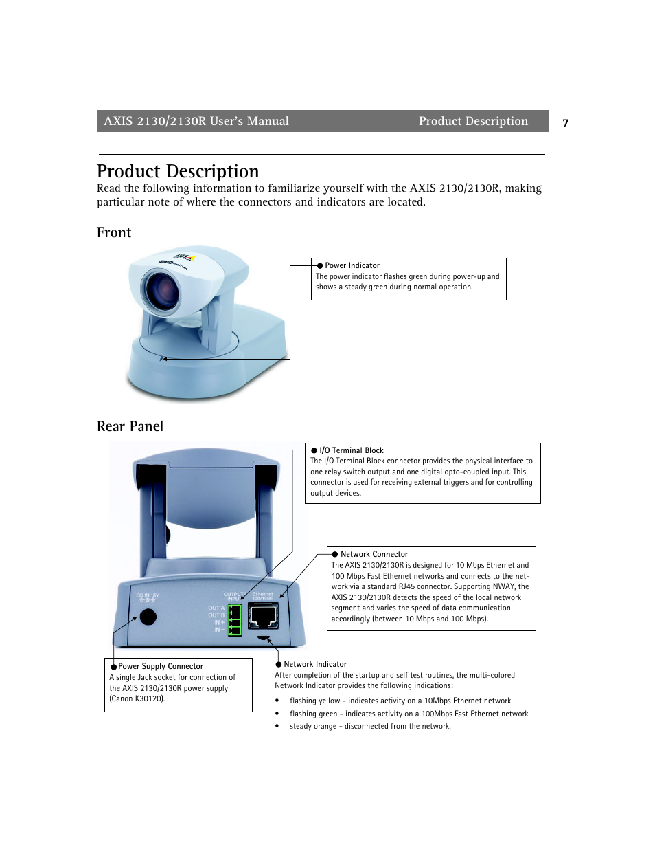 Product description, Front, Rear panel | Front rear panel | axis international marketing 2130R PTZ User Manual | Page 7 / 41