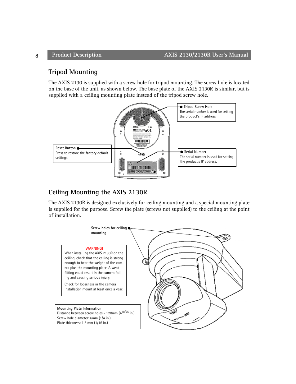 Tripod mounting, Ceiling mounting the axis 2130r | axis international marketing 2130R PTZ User Manual | Page 8 / 41