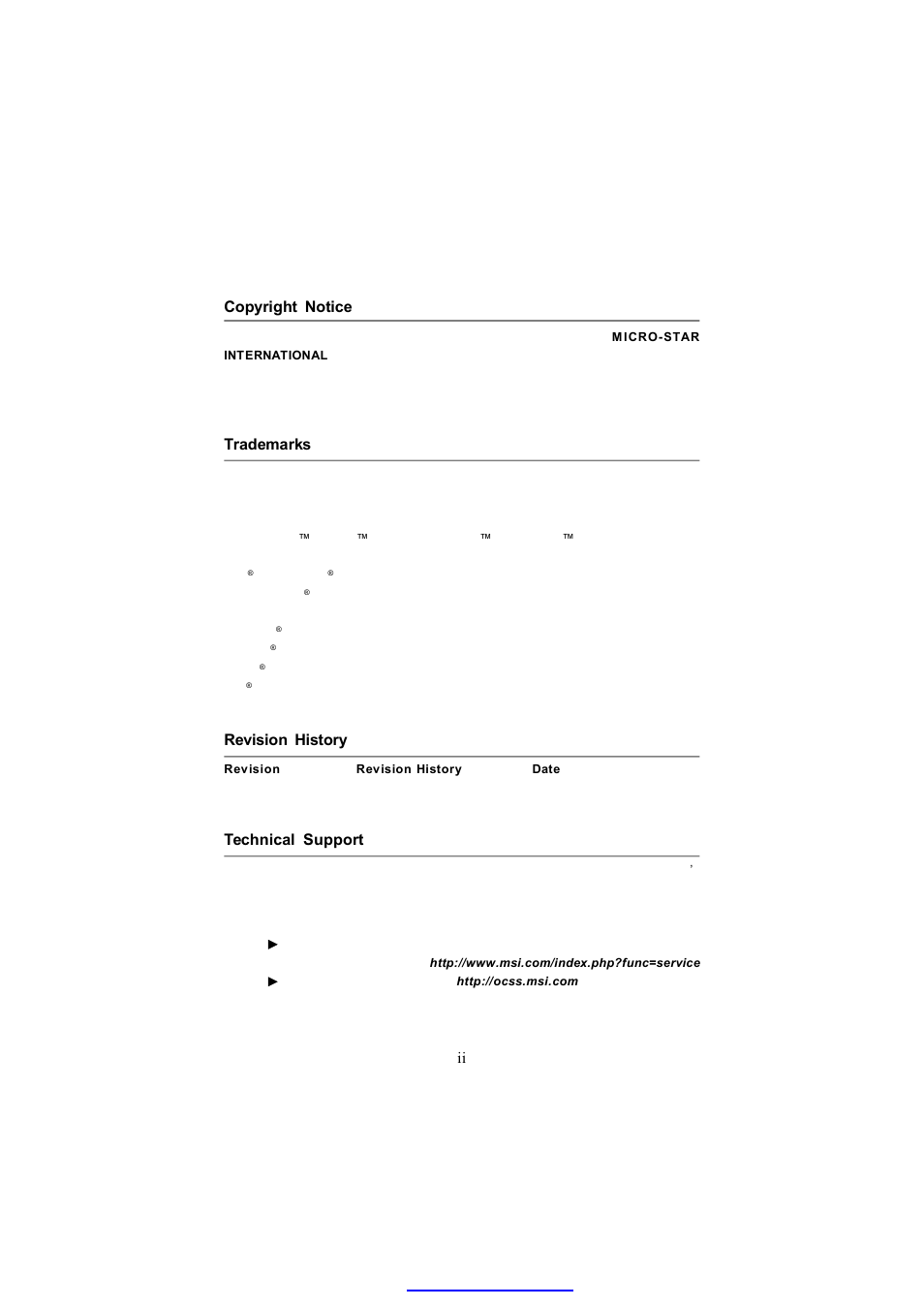 Ii copyright notice, Trademarks, Revision history | Technical support | MSI MS-96C8 Series User Manual | Page 2 / 113