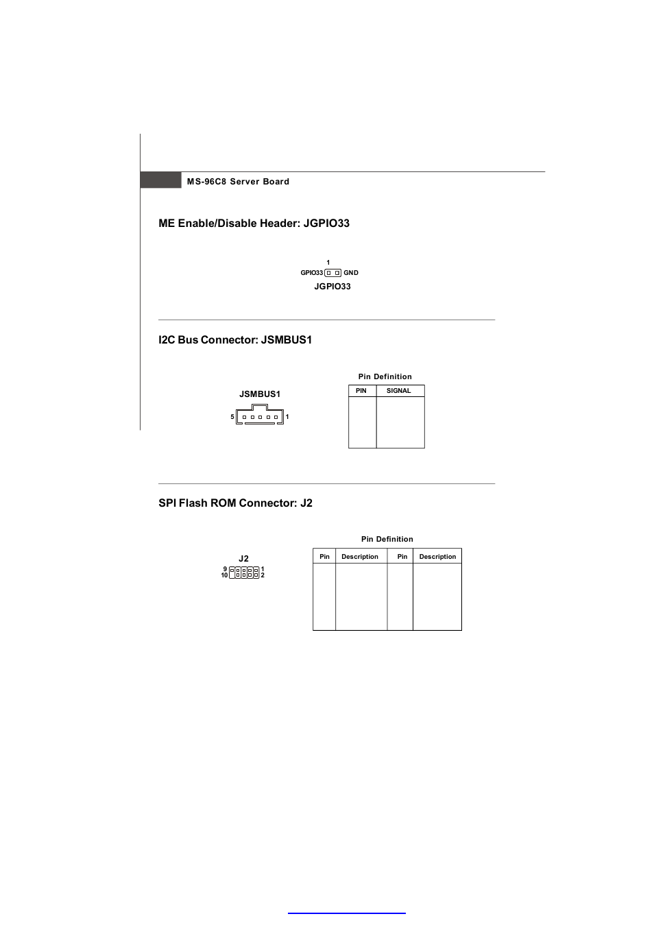 Spi flash rom connector: j2, I2c bus connector: jsmbus1, Me enable/disable header: jgpio33 | MSI MS-96C8 Series User Manual | Page 28 / 113