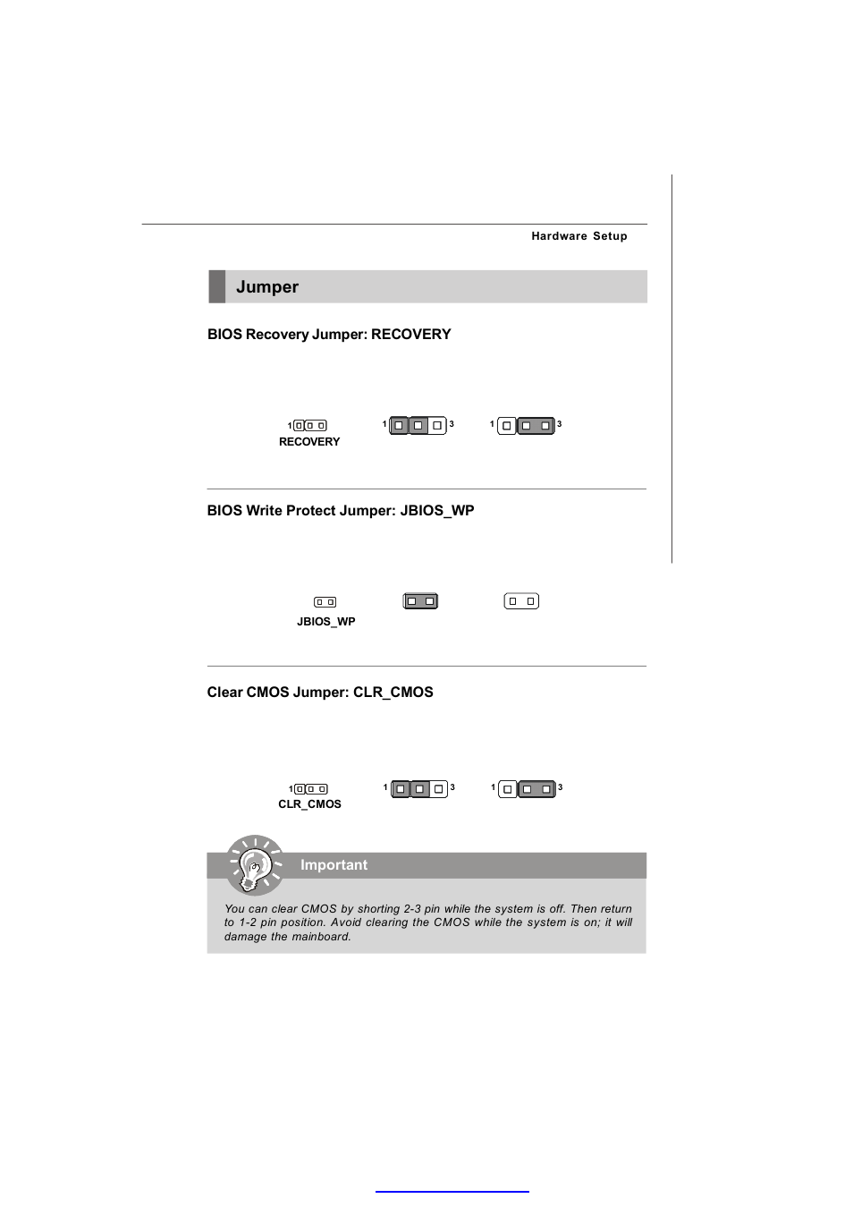 Jumper, Clear cmos jumper: clr_cmos, Important | Bios recovery jumper: recovery, Bios write protect jumper: jbios_wp | MSI MS-96C8 Series User Manual | Page 31 / 113