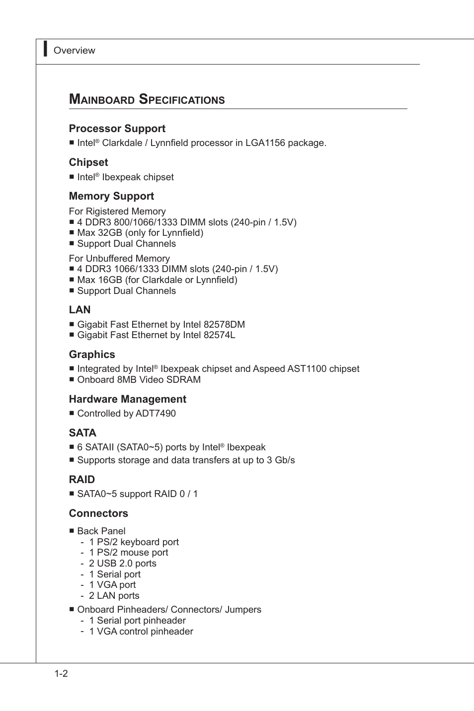 Mainboard specifications, Mainboard specifications -2 | MSI MS-96D2 User Manual | Page 10 / 51