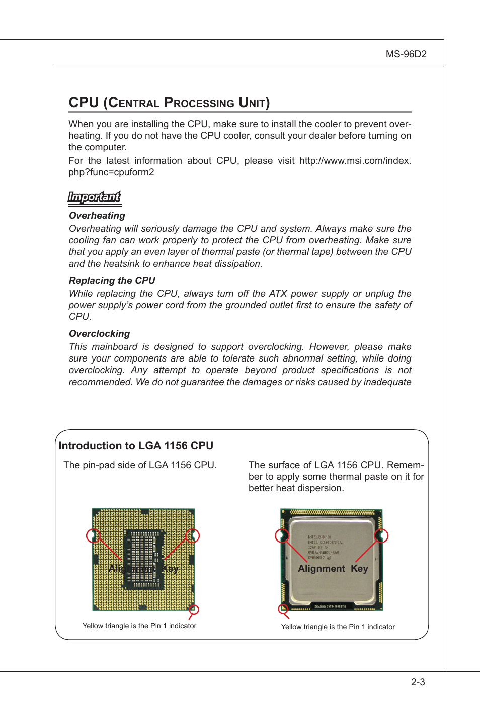 Cpu (central processing unit), Cpu (central processng unt) -3, Cpu (c | MSI MS-96D2 User Manual | Page 17 / 51