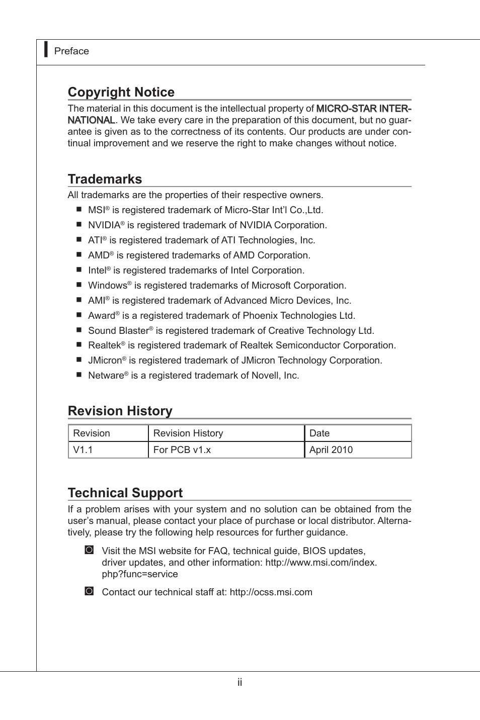 Copyright notice, Trademarks, Revision history | Technical support | MSI MS-96D2 User Manual | Page 2 / 51