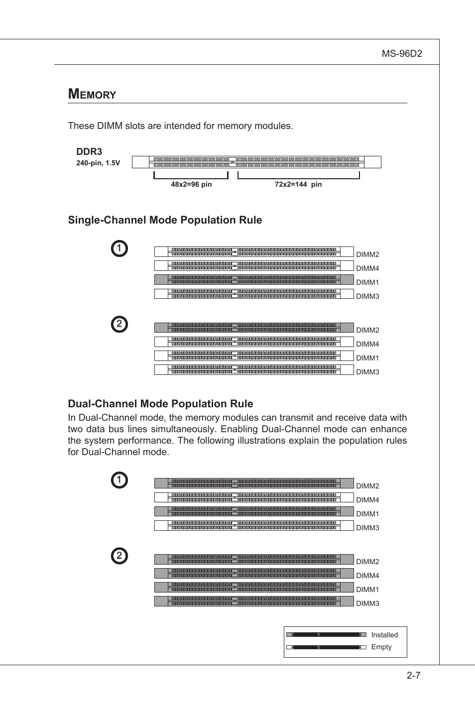 Memory, Memory -7, Single-channel mode population rule | Dual-channel mode population rule, Emory | MSI MS-96D2 User Manual | Page 21 / 51