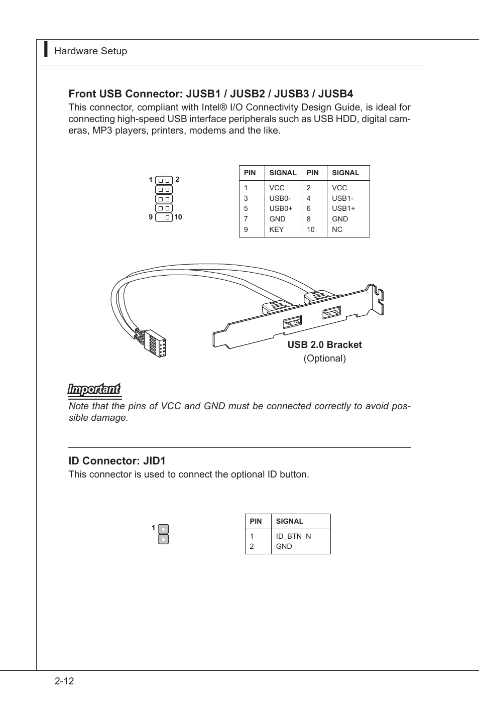Connectors, Connectors -1, Important | Front usb connector: jusb1 / jusb2 / jusb3 / jusb4, Id connector: jid1 | MSI MS-96D2 User Manual | Page 26 / 51
