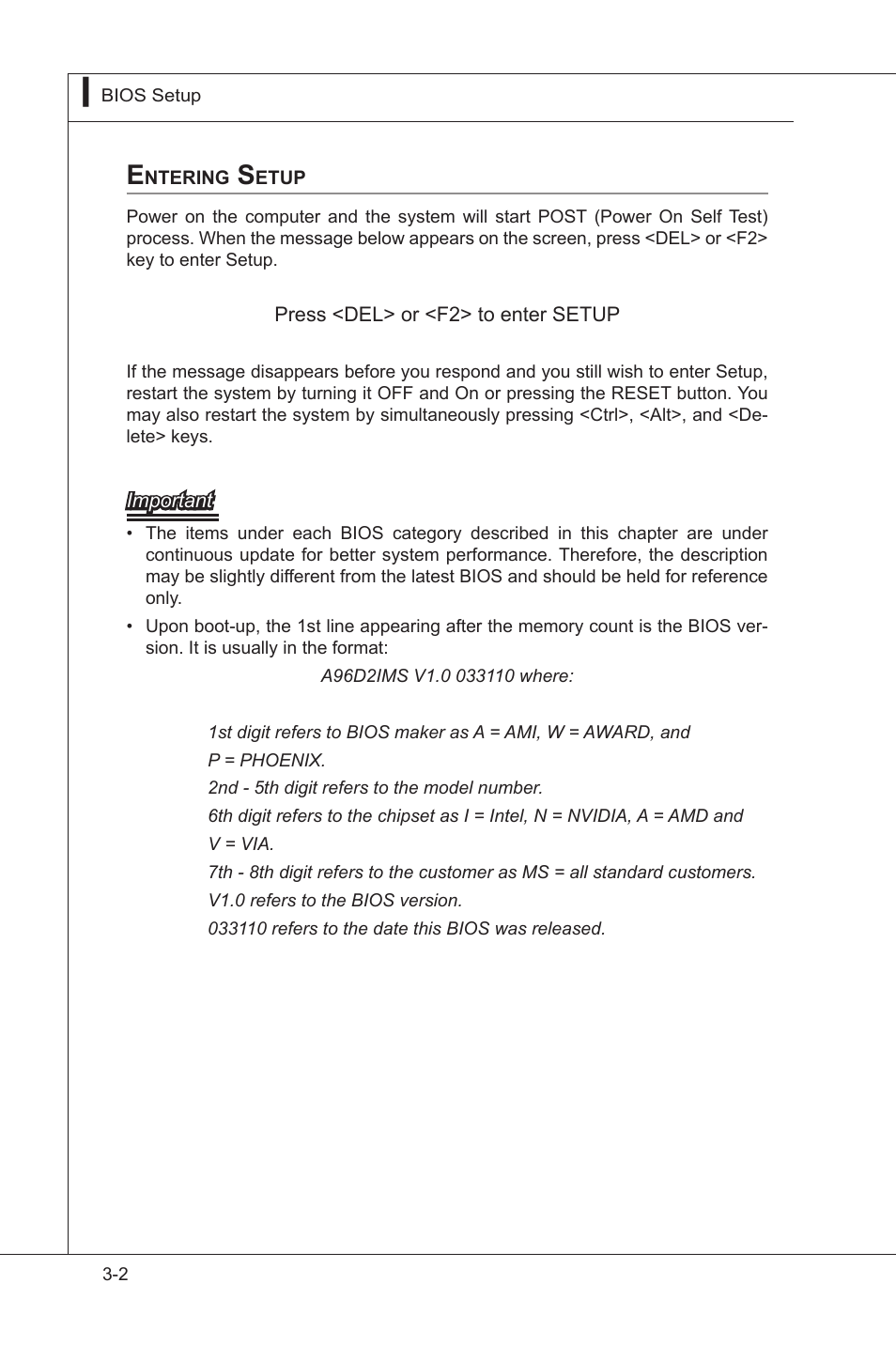 Entering setup, Enterng setup -2 | MSI MS-96D2 User Manual | Page 34 / 51