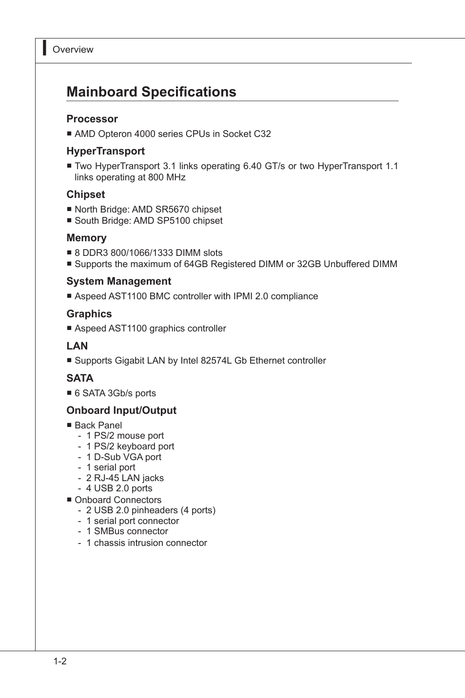 Mainboard specifications, Mainboard specifications -2 | MSI MS-91F7 2011 User Manual | Page 10 / 46