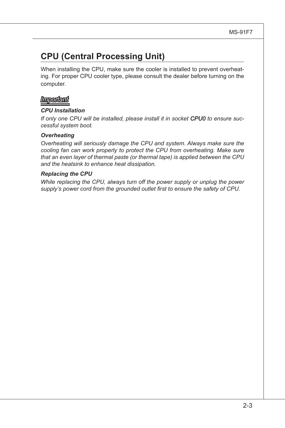 Cpu (central processing unit), Cpu (central processng unt) -3 | MSI MS-91F7 2011 User Manual | Page 15 / 46