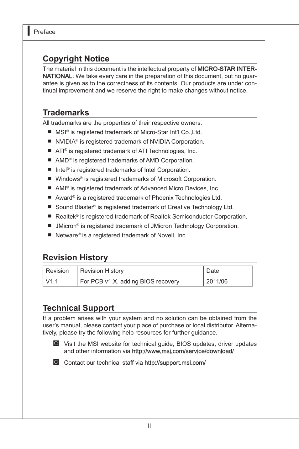 Copyright notice, Trademarks, Revision history | Technical support | MSI MS-91F7 2011 User Manual | Page 2 / 46