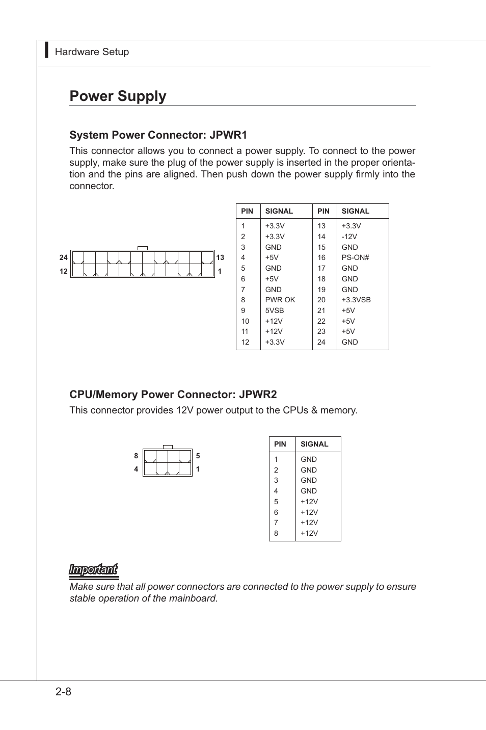 Power supply, Power supply -8, System power connector: jpwr1 | Important | MSI MS-91F7 2011 User Manual | Page 20 / 46