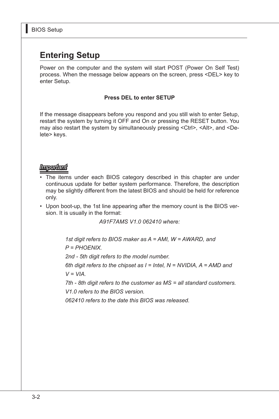 Entering setup, Enterng setup -2 | MSI MS-91F7 2011 User Manual | Page 30 / 46