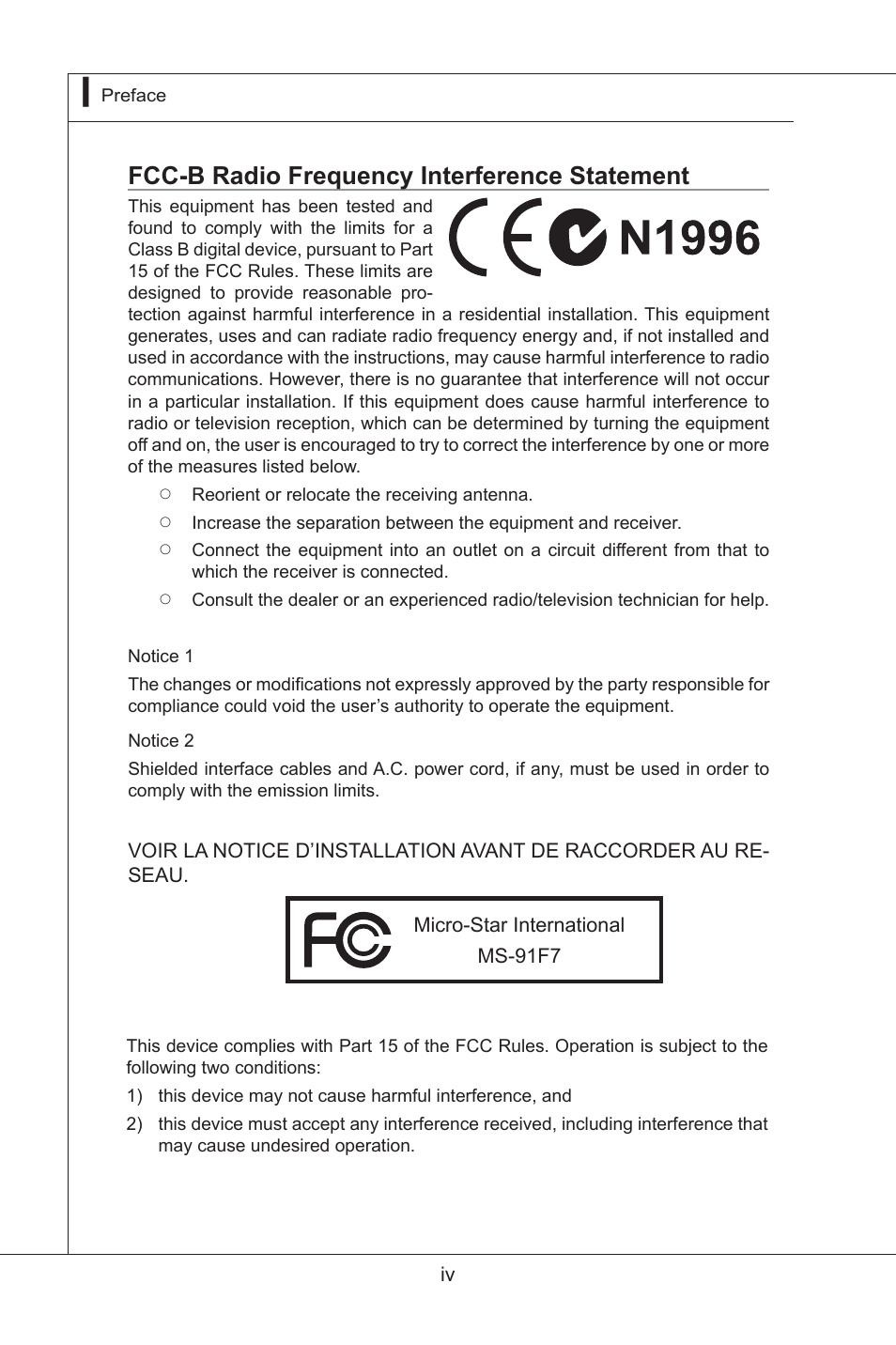 Fcc-b radio frequency interference statement | MSI MS-91F7 2011 User Manual | Page 4 / 46