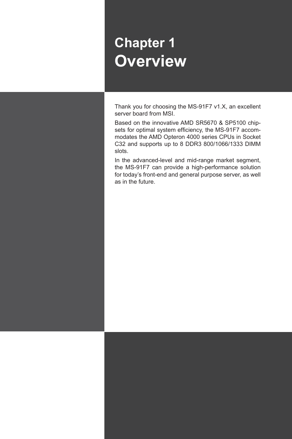 Chapter 1, Overview | MSI MS-91F7 2011 User Manual | Page 9 / 46