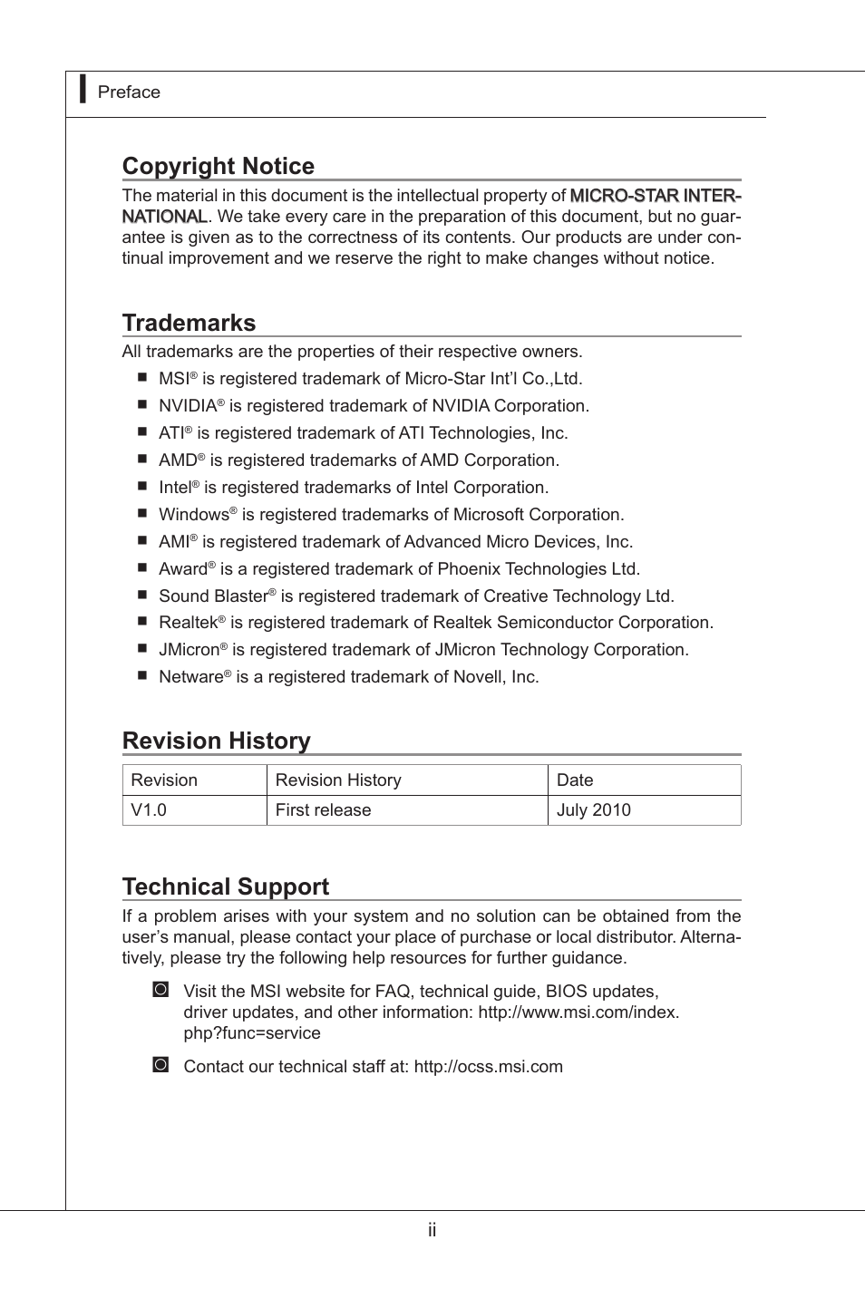 Copyright notice, Trademarks, Revision history | Technical support | MSI MS-91F7 2010 User Manual | Page 2 / 45