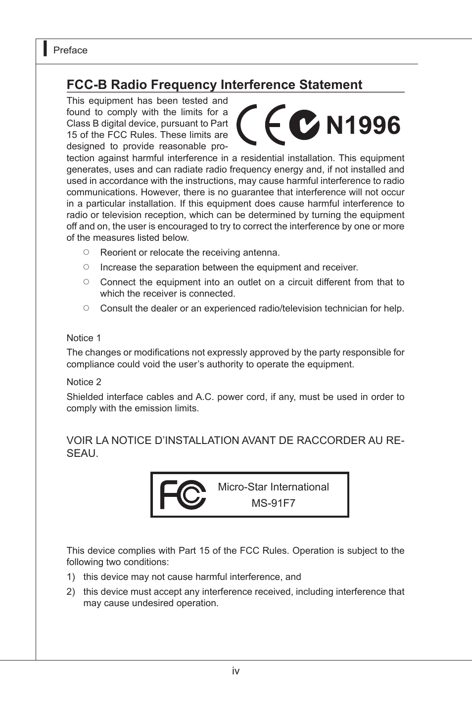 Fcc-b radio frequency interference statement | MSI MS-91F7 2010 User Manual | Page 4 / 45