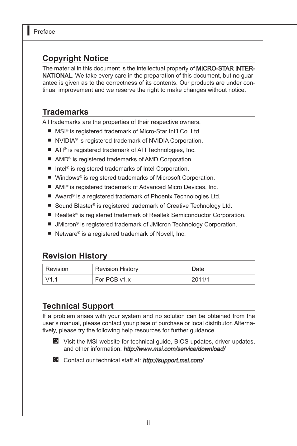 Copyright notice, Trademarks, Revision history | Technical support | MSI MS-96D7 User Manual | Page 2 / 52