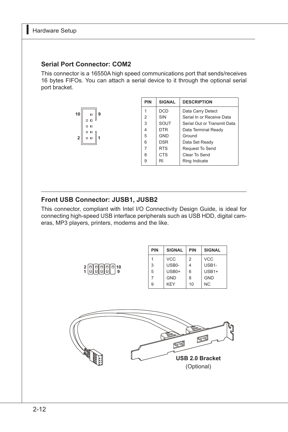 Front usb connector: jusb1, jusb2, Serial port connector: com2 | MSI MS-96D7 User Manual | Page 24 / 52