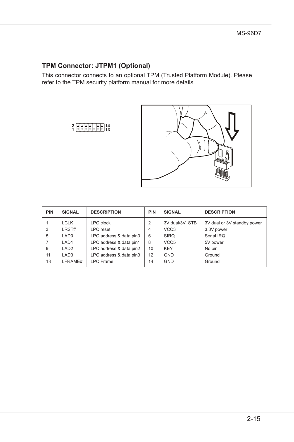 Tpm connector: jtpm1 (optional) | MSI MS-96D7 User Manual | Page 27 / 52