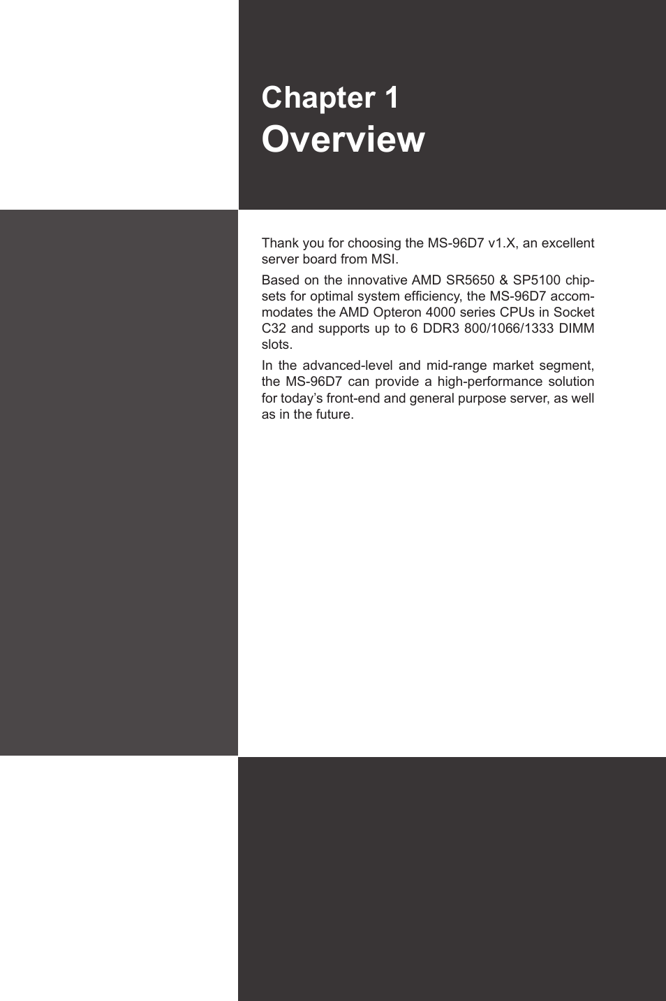 Overview, Chapter 1 | MSI MS-96D7 User Manual | Page 9 / 52