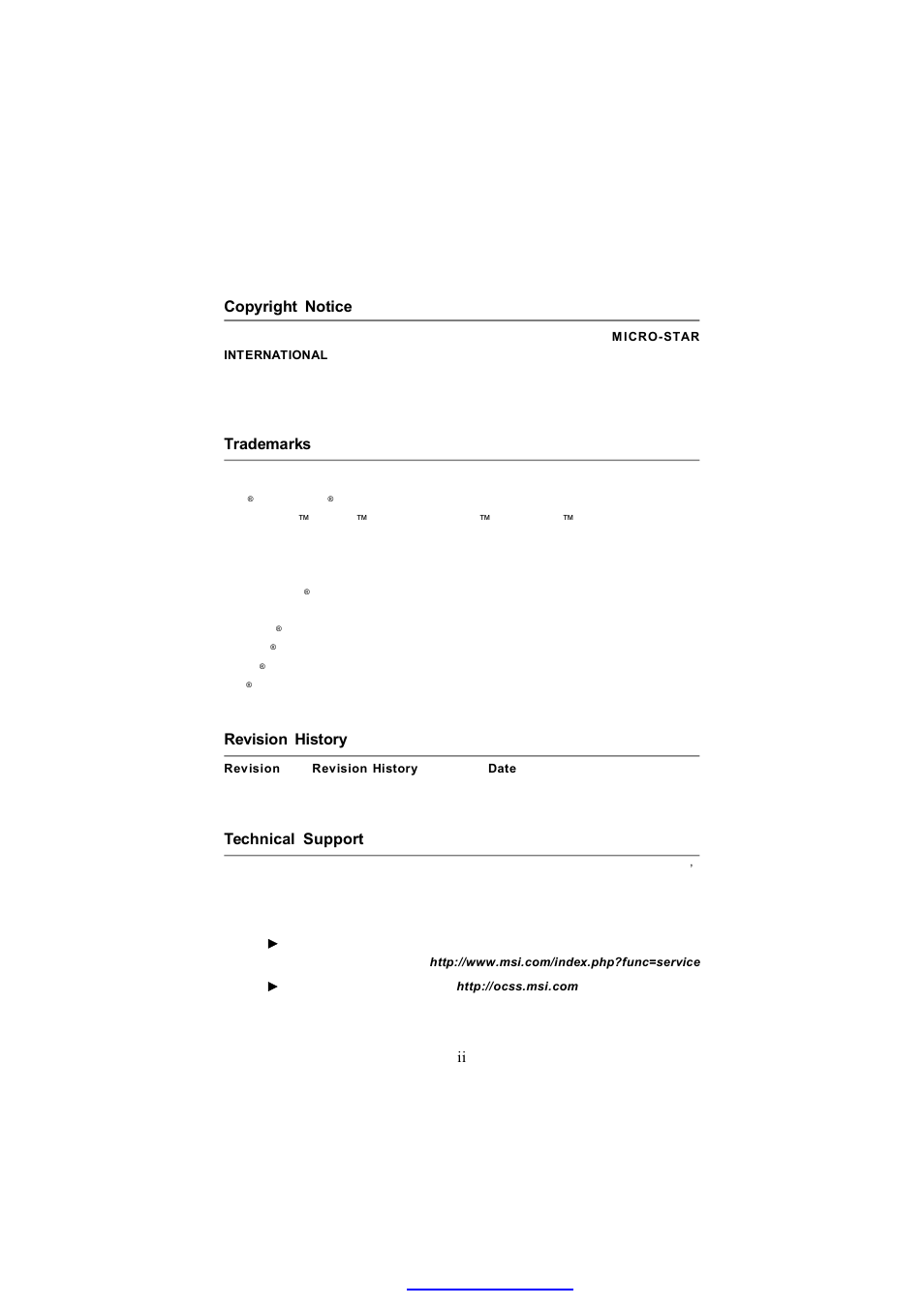 Ii copyright notice, Trademarks, Revision history | Technical support | MSI K9AU Speedster-A4 User Manual | Page 2 / 50