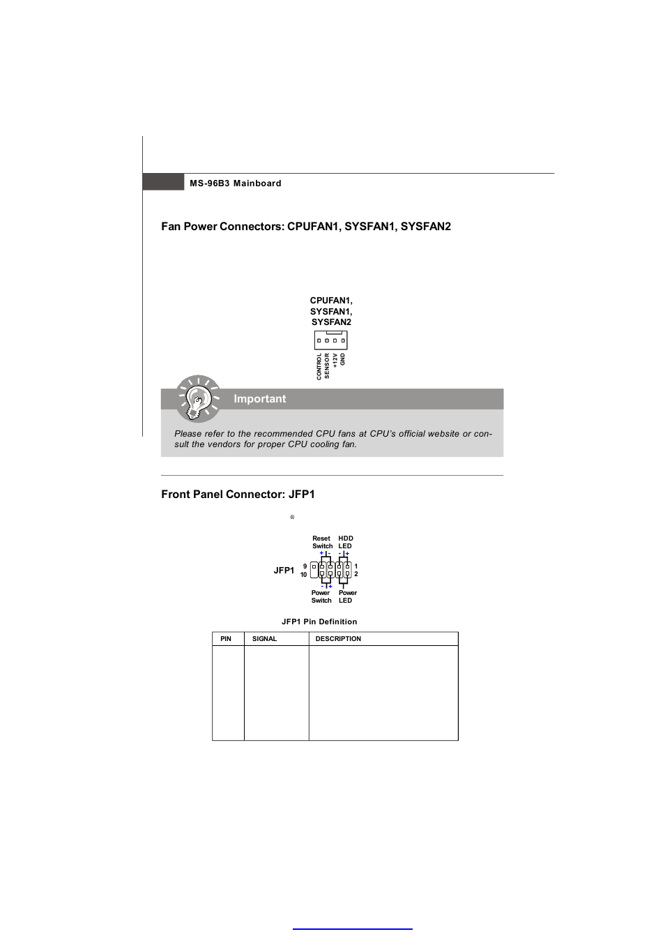 Front panel connector: jfp1, Fan power connectors: cpufan1, sysfan1, sysfan2, Important | MSI K9AU Speedster-A4 User Manual | Page 24 / 50