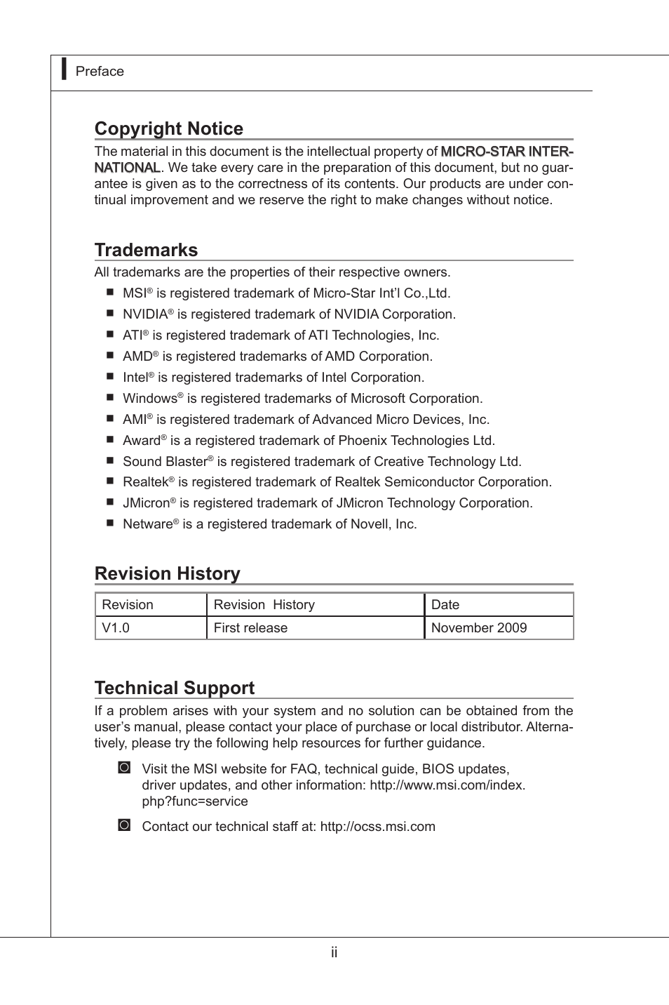 Copyright notice, Trademarks, Revision history | Technical support | MSI MS-9297 User Manual | Page 2 / 77