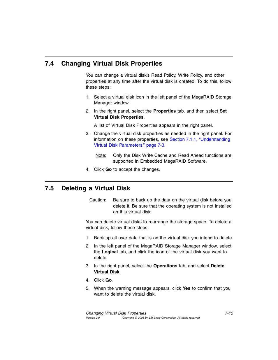4 changing virtual disk properties, 5 deleting a virtual disk, Changing virtual disk properties | Deleting a virtual disk, Section 7.4, “changing virtual disk properties, Section 7.5, “deleting a virtual disk | MSI X2-109 v1 User Manual | Page 105 / 132