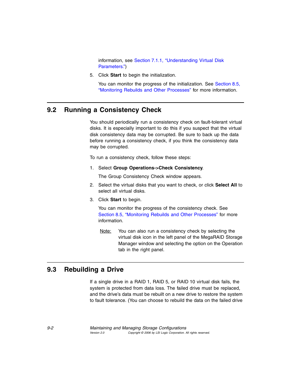 2 running a consistency check, 3 rebuilding a drive, Running a consistency check | Rebuilding a drive, Section 9.3, “rebuilding a drive, Section 9.2, “running a consistency, Check, Section 9.2, “running a consistency check | MSI X2-109 v1 User Manual | Page 118 / 132