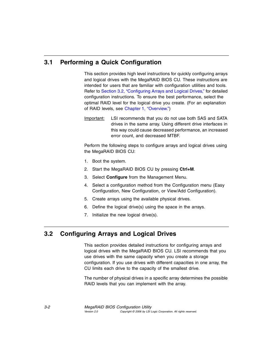 1 performing a quick configuration, 2 configuring arrays and logical drives, Performing a quick configuration | Configuring arrays and logical drives, Section 3.1, “performing a quick configuration | MSI X2-109 v1 User Manual | Page 36 / 132