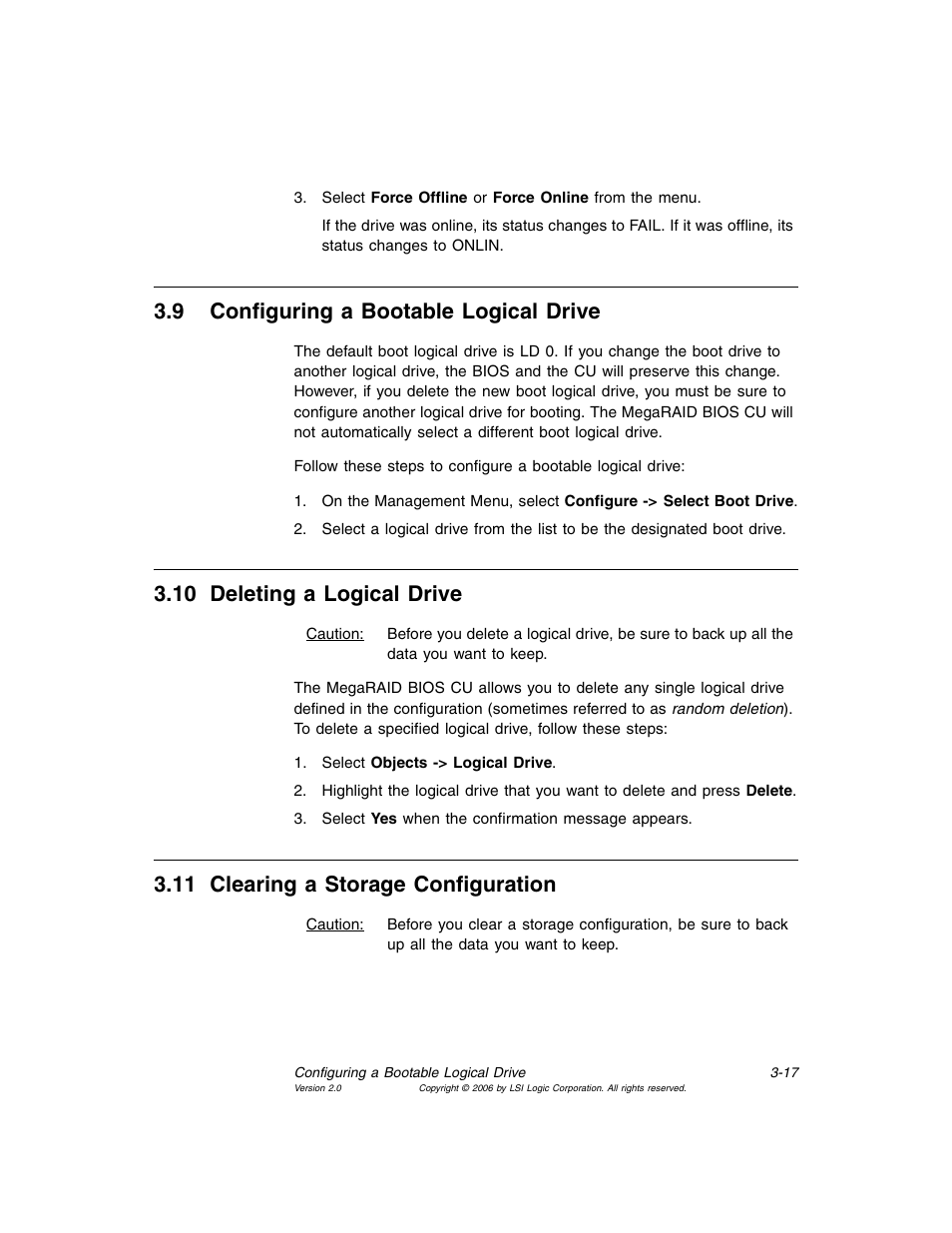 9 configuring a bootable logical drive, 10 deleting a logical drive, 11 clearing a storage configuration | Configuring a bootable logical drive, Deleting a logical drive, Clearing a storage configuration, Section 3.9, “configuring a bootable logical drive, Section 3.10, “deleting a logical drive, Section 3.11, “clearing a storage configuration | MSI X2-109 v1 User Manual | Page 51 / 132