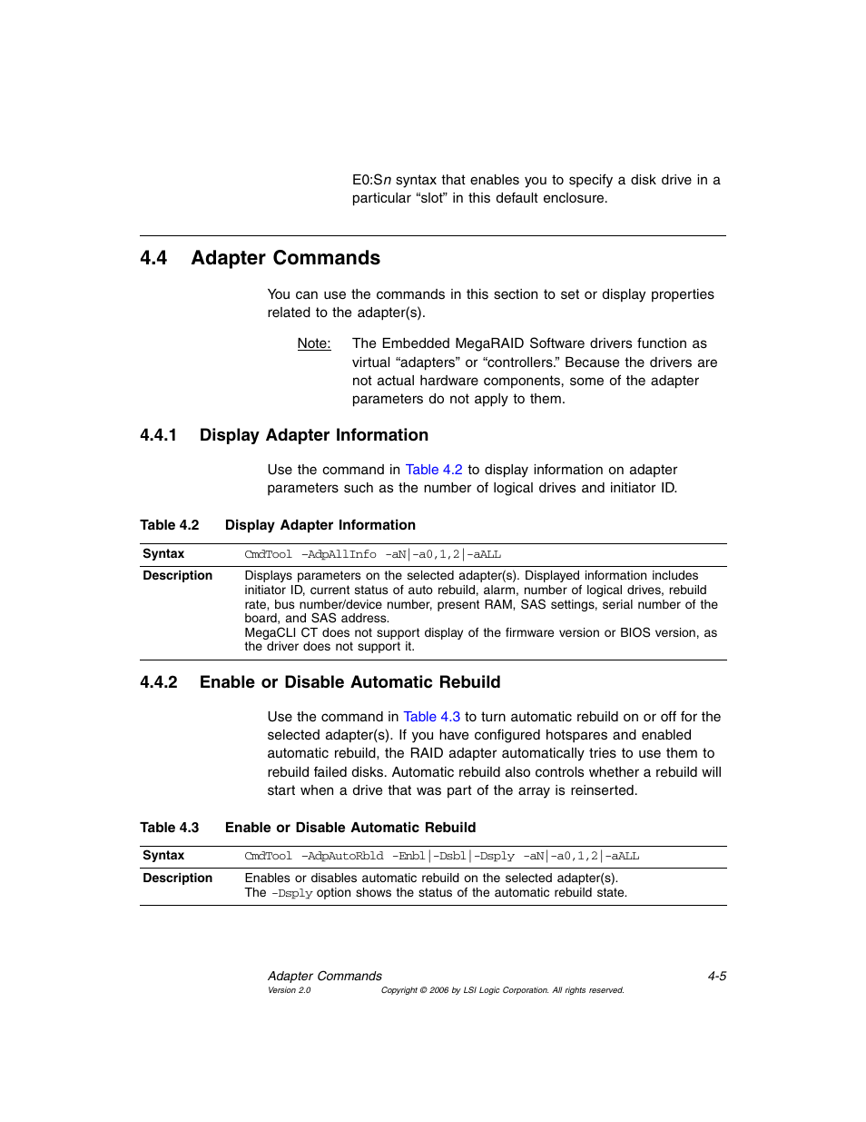 4 adapter commands, 1 display adapter information, 2 enable or disable automatic rebuild | Adapter commands, Display adapter information, Enable or disable automatic rebuild, Section 4.4, “adapter commands | MSI X2-109 v1 User Manual | Page 57 / 132