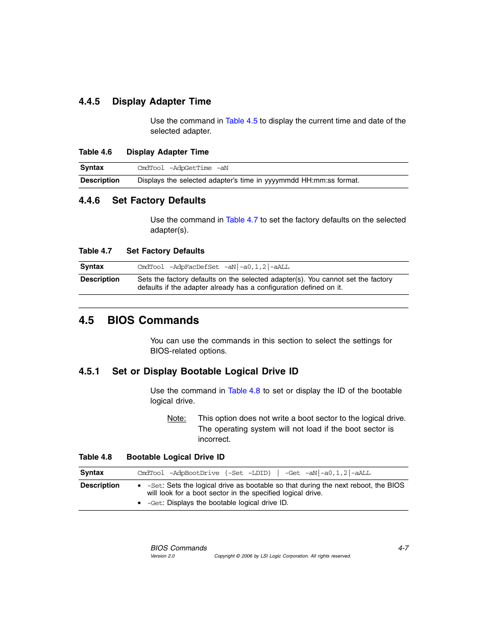 5 display adapter time, 6 set factory defaults, 5 bios commands | 1 set or display bootable logical drive id, Display adapter time, Set factory defaults, Bios commands, Set or display bootable logical drive id, Bootable logical drive id, Section 4.5, “bios commands | MSI X2-109 v1 User Manual | Page 59 / 132