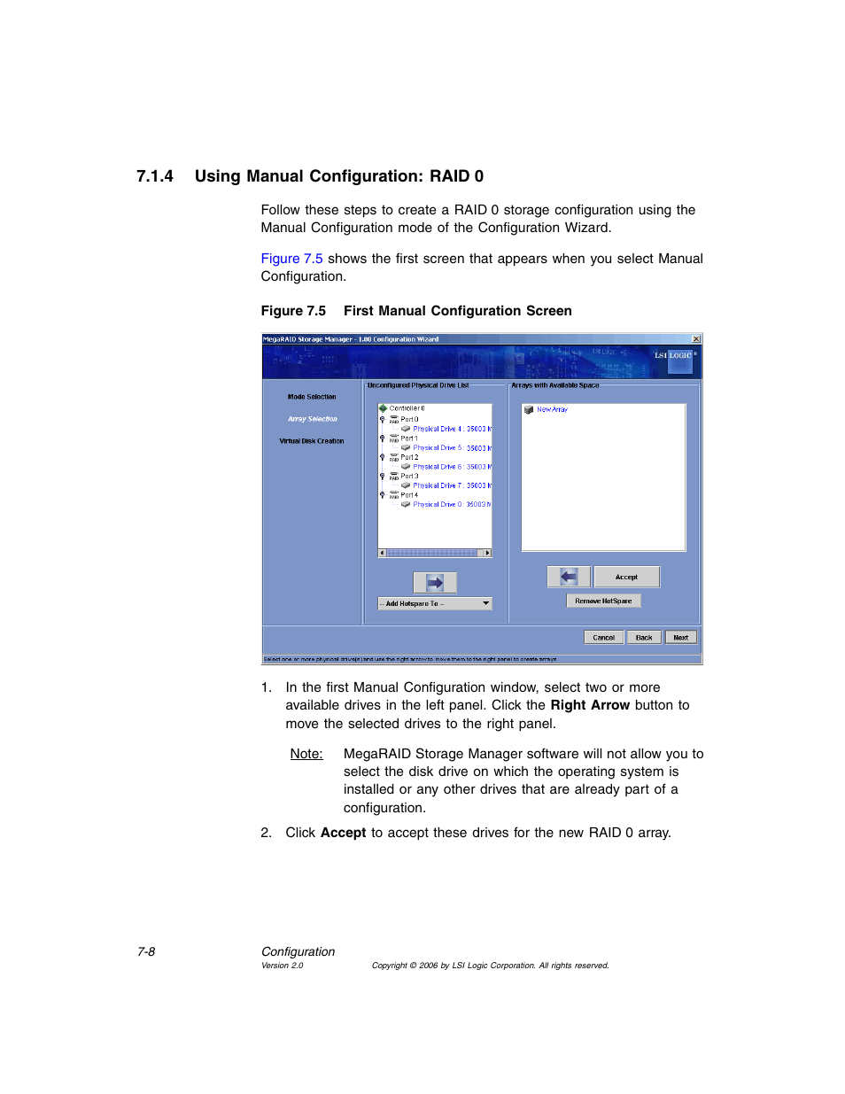 4 using manual configuration: raid 0, Using manual configuration: raid 0, First manual configuration screen | Section 7.1.4, “using manual configuration: raid 0 | MSI X2-109 v1 User Manual | Page 98 / 132