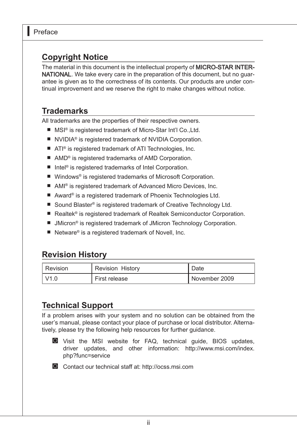 Copyright notice, Trademarks, Revision history | Technical support | MSI MS-95S6 User Manual | Page 2 / 77