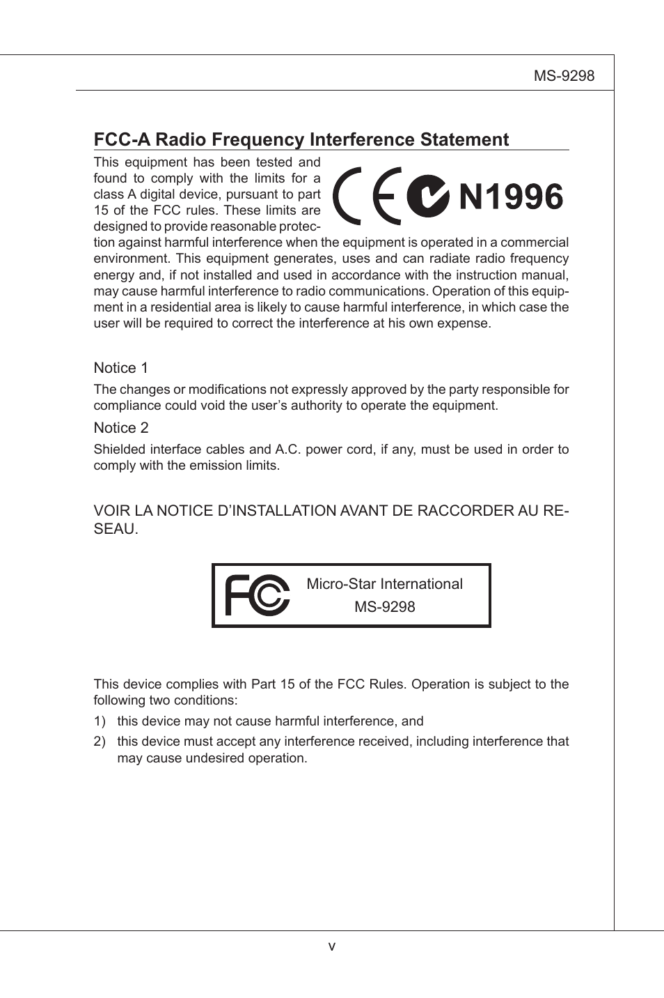 Fcc-a radio frequency interference statement | MSI MS-95S6 User Manual | Page 5 / 77
