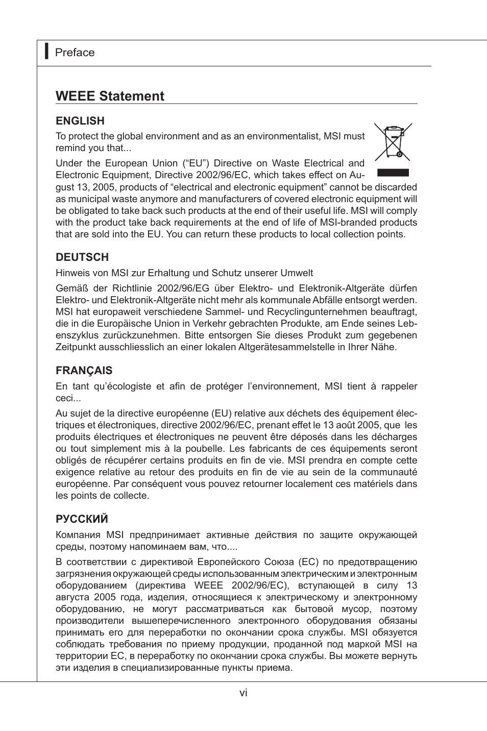 Weee statement | MSI MS-95S6 User Manual | Page 6 / 77