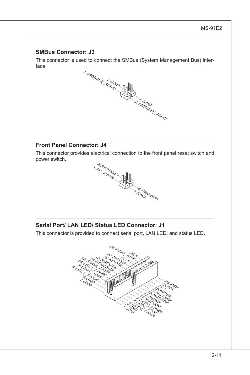Important, Smbus connector: j3, Front panel connector: j4 | Serial port/ lan led/ status led connector: j1 | MSI MS-91E2 User Manual | Page 29 / 53