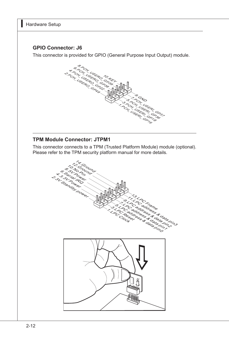 Gpio connector: j6, Tpm module connector: jtpm1 | MSI MS-91E2 User Manual | Page 30 / 53