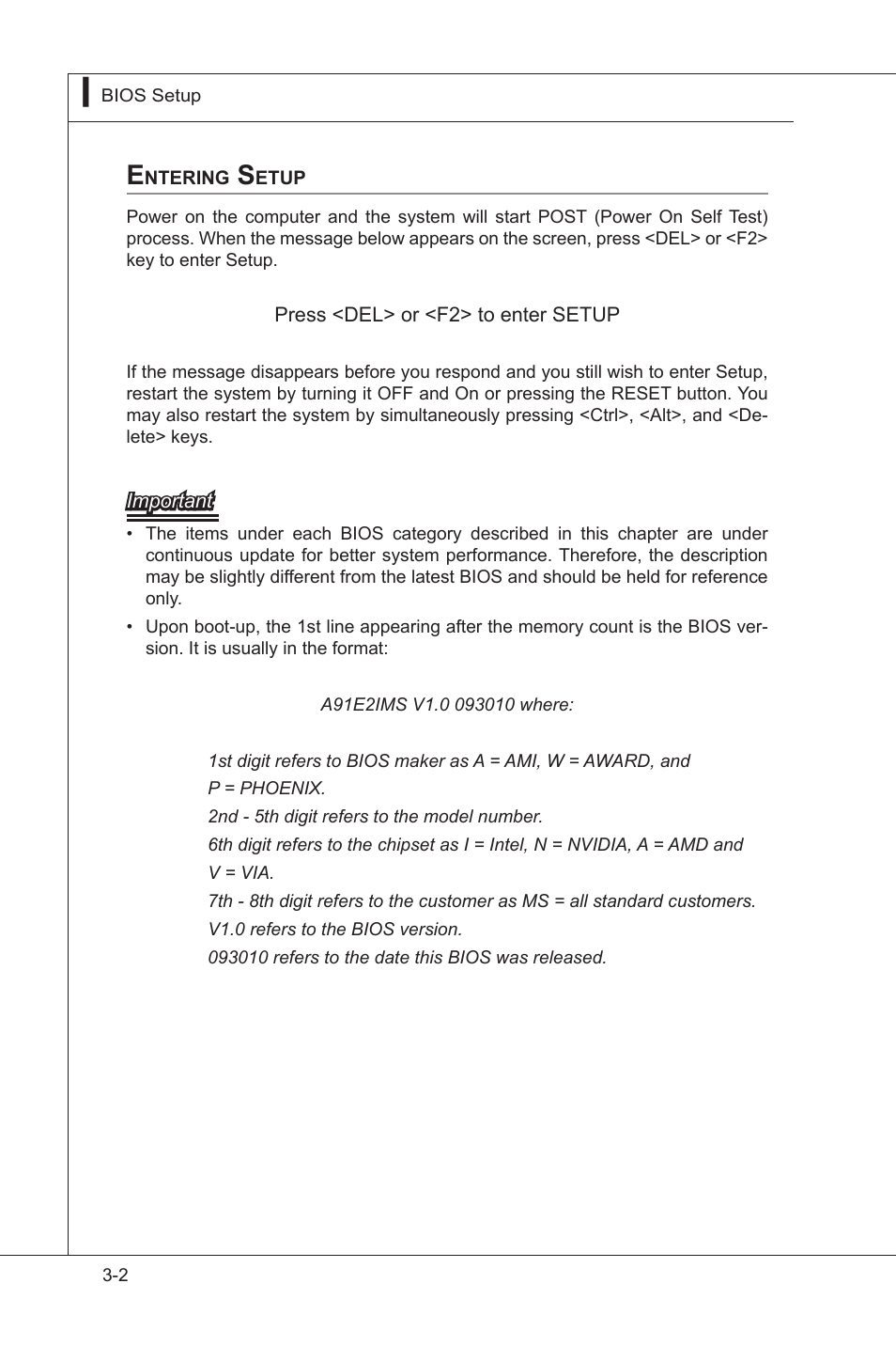 Entering setup, Enterng setup -2 | MSI MS-91E2 User Manual | Page 36 / 53