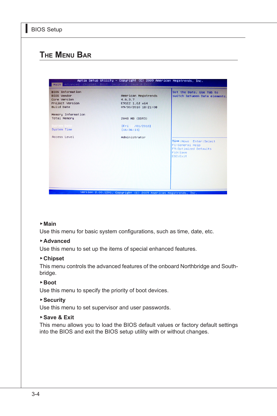 The main menu, The menu bar -4 | MSI MS-91E2 User Manual | Page 38 / 53