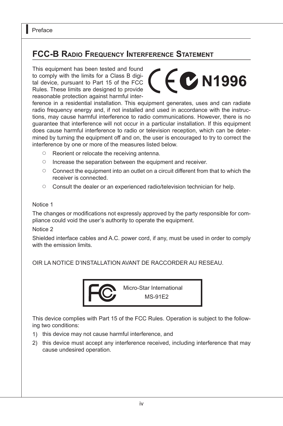 Fcc-b r | MSI MS-91E2 User Manual | Page 4 / 53